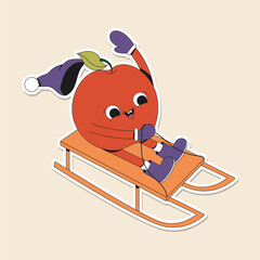 Cute winter illustration of a red apple in knitted hat, mittens and boots riding on sled through the snow. Sleigh. Christmas fun. Holiday sticker pack.