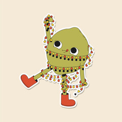 Cute winter illustration of a green lime tangled in the Christmas colourful garland. Fruit with funny face. Holiday sticker pack.
