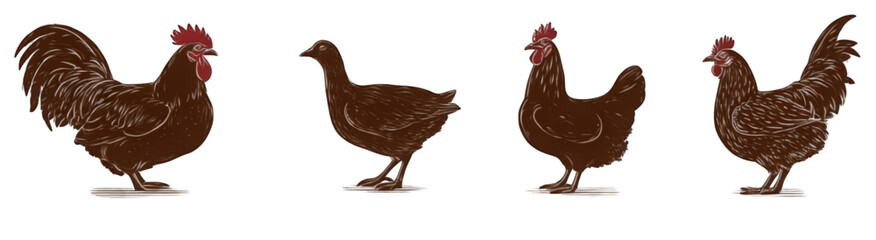 Set of brown chickens and roosters vector illustration.
