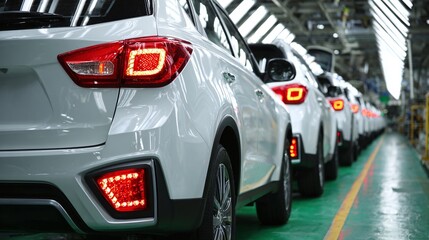 A row of white cars with glowing red tail lights stand ready for shipment after the factory. Each vehicle gleams with promise. The assembly line hums with industry.