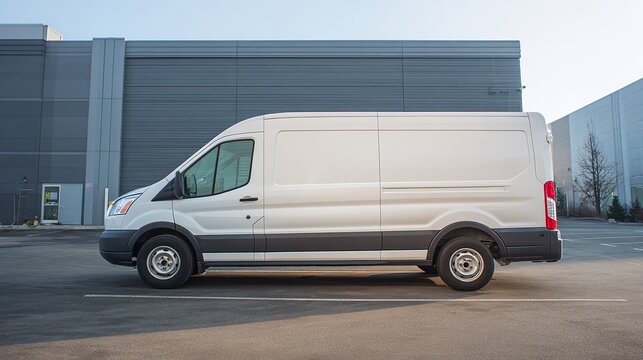 A white commercial van is parked on the asphalt. The van offers ample cargo space for deliveries or mobile services. A practical choice for businesses needing transport solutions.