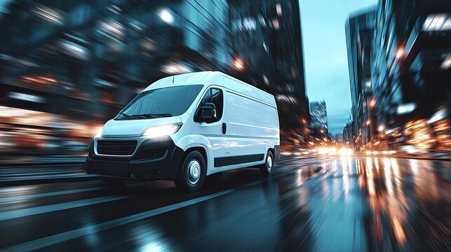 A dynamic shot of a white delivery van speeding through a city street at night, lights blurred in motion, creating a sense of urgency and efficiency in urban transport.