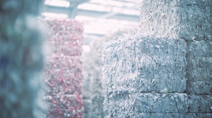 Stacks of recycled paper bales in industrial warehouse setting
