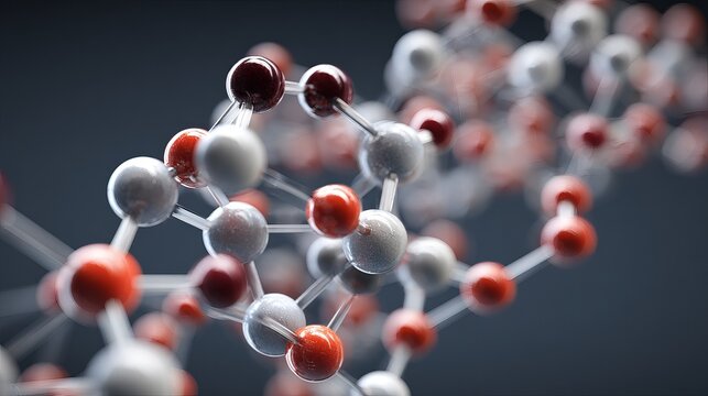 Dynamic molecular structure visualization showcasing interconnected atoms with vibrant red and cool grey spheres, perfect for science, research, and medical concepts.