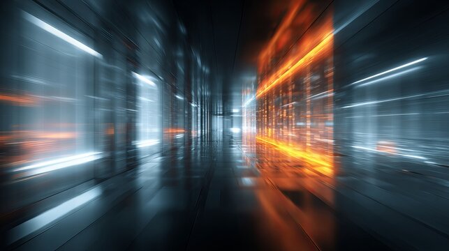 Dynamic abstract digital tunnel with glowing orange and blue lights, perfect for conveying speed, data transfer, and futuristic technology concepts.