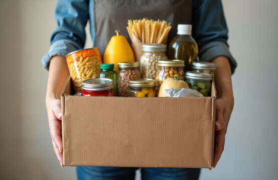 Volunteer hands hold food donation box filled with groceries and jars. Charity care for poor, needy people and homeless with food assistance.