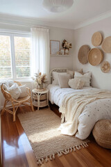 Bright cozy bedroom in boho style with woven wall decor, rattan furniture, and natural textiles