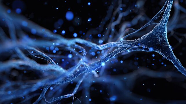 Stunning 3D render of a glowing blue neuron cell with intricate branching dendrites and synapses, illustrating complex neural network activity and brain function
