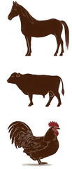 Collection of brown farm animals horse bull and rooster.