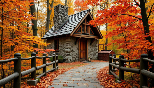Stone house in the autumn forest. Bright warm colors of autumn