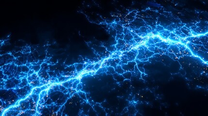 Dynamic electric blue lightning strikes illuminate dark sky with glowing energy pulses, creating a powerful and energetic cosmic storm effect