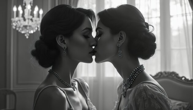 Two women embrace with a gentle kiss inside a luxurious room. Their elegant attire and hairstyles suggest a formal gathering or a private moment between lovers. - Powered by Adobe