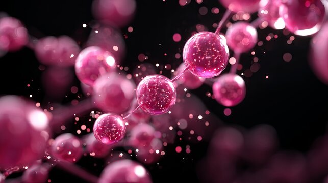 Captivating pink molecular structure with sparkling particles, visualizing scientific innovation and intricate biological processes in a dynamic, abstract digital art.