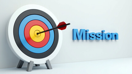 3D archery target with arrow hitting bullseye and word Mission, symbolizing precision, goal achievement, focus, success, and strategic target visuals