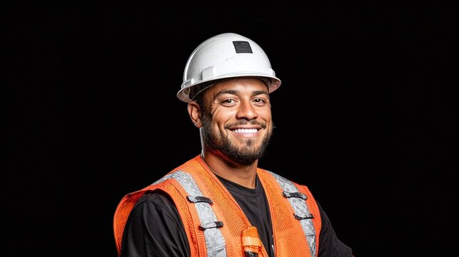 A smiling construction worker in a white hard hat and orange safety vest against a black backdrop, radiating confidence and professionalism in his safety gear, he ensures a safe job site.