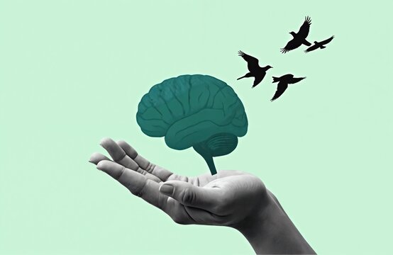 Human hand holding a brain with birds flying around it. Concept of mental health and psychology. Illustration symbolizing emotional stability and feelings. Green brain on a light green background. - Powered by Adobe