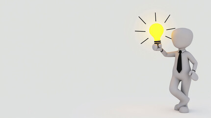 3D stick figure holding glowing light bulb symbolizing bright idea, innovation, creativity, business inspiration, and problem-solving concept visuals