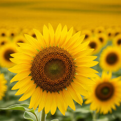 Sunflower field with vibrant yellow blooms in natural landscape