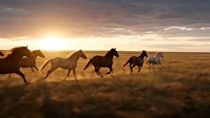 Wild horses galloping across a dusty field at sunset - Powered by Adobe
