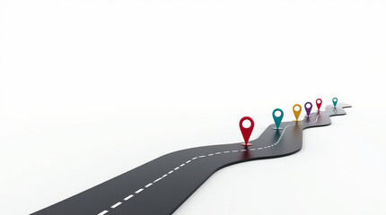 Winding road with colorful location markers showing journey steps, progress path, roadmap concept for planning, milestones, and business strategy visuals