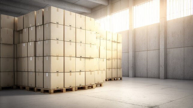 Large warehouse interior with stacked cardboard boxes on wooden pallets in sunlight
