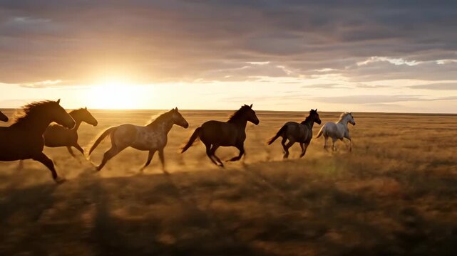 Wild horses galloping across a dusty field at sunset