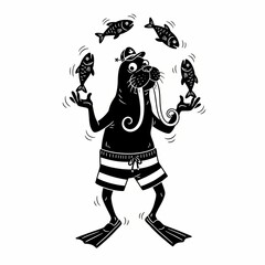 Fototapeta premium Black and white silhouette illustration of a walrus juggling fish, whimsical and playful animal concept, minimal design