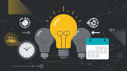 Yellow light bulb with clocks and calendar icons representing idea generation, time management, planning, productivity, and creative thinking visuals