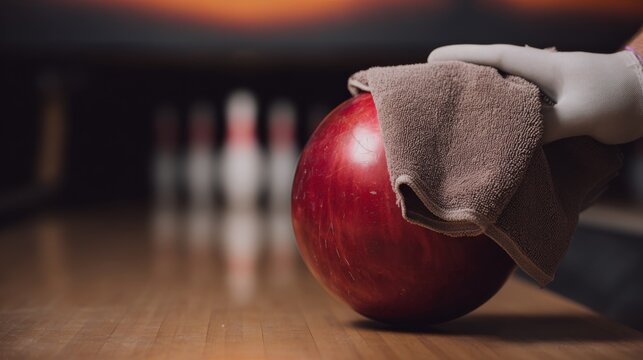 Close-up of hand cleaning red bowling ball with cloth, ball in return area, motion and care in crisp detail.