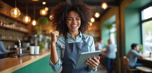 Happy barista woman celebrates success in cafe. She holds tablet showing good sales. Coffee shop owner achieves business goals, gets new clients. Young worker feels joy from great customer service.