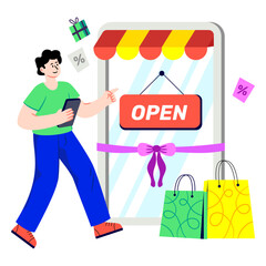 Editable design illustration of mobile shop open