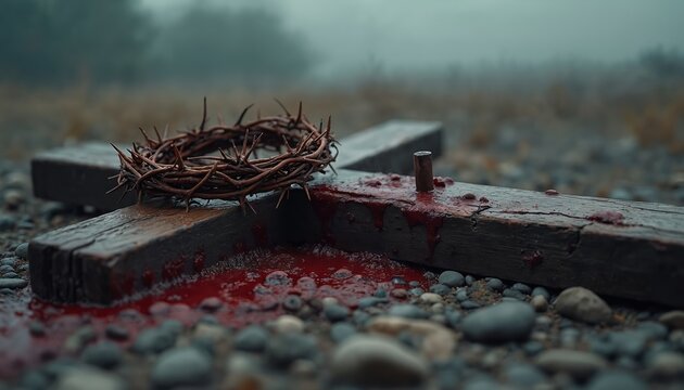Religious symbol crown of thorns on rough wooden cross. Rusty nail pierces wood splattered with blood. Set on gravel ground against misty background, symbolizing sacrifice and atonement.