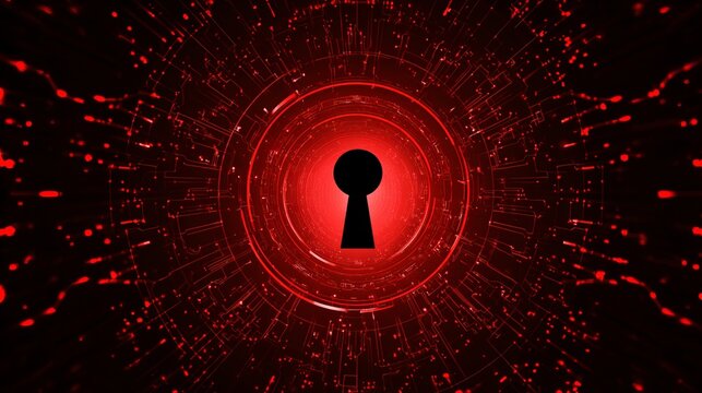 Digital keyhole tunnel glowing with intense red circuit board patterns symbolizes secure access to futuristic technology and data protection