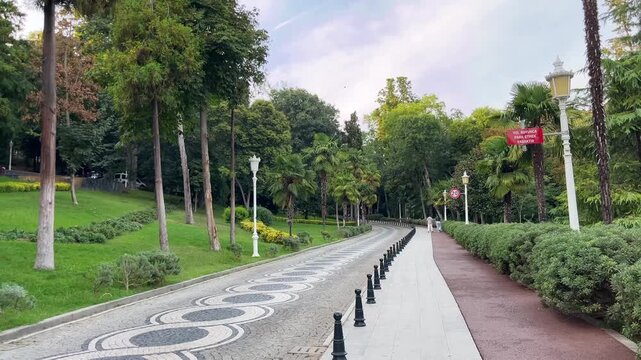 Beautiful public area Yildiz Park (Turkish: Yildiz Parki) entrance at Besiktas District in Istanbul Turkey. (4K video)