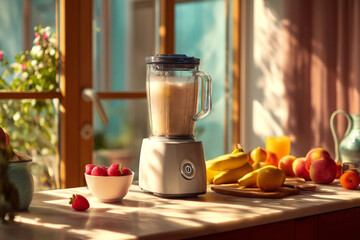 Blender with smoothie on kitchen table with fruits in background