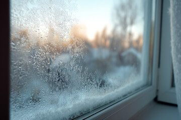 Frosted window with ice crystals and blurred winter trees outside