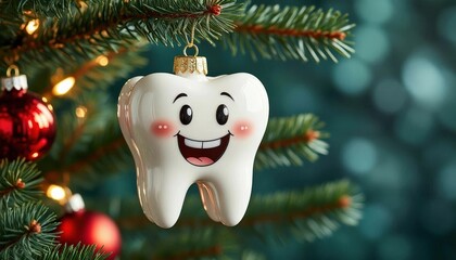 Cheerful tooth ornament with a smiling face hanging on a Christmas tree, surrounded by festive decorations and soft bokeh lights, representing holiday joy and dental health awareness