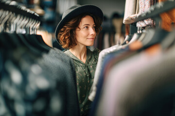 Woman wearing hat and green blouse looking at clothes on rack