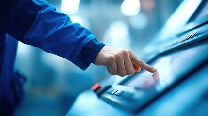 Close-up of hand operating touchscreen in industrial setting with blue jacket