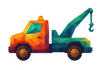 Tow truck polygon art illustrating roadside assistance and vehicle recovery service with geometric shapes