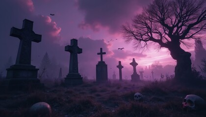 Creepy cemetery scene with gravestones under a dark purple sky with bats flying. Skulls lie on the ground among tombstones in a misty, eerie graveyard at night.
