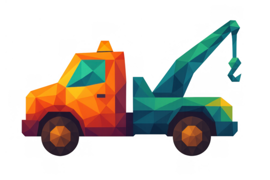 Tow truck polygon art illustrating roadside assistance and vehicle recovery service with geometric shapes