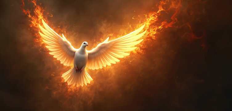 White dove with open wings appears engulfed in fiery orange flames against a dark smoky background. Spirit of god descending. Holy symbol representing peace and divine intervention.
