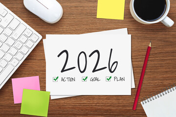 2026 Happy New Year Resolution Goal List and Plans Setting - Business office desk with notebook...