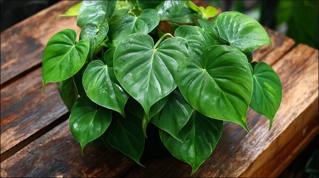 Lush green heart shaped philodendron leaves glistening with water droplets resting on rustic wooden planks, bringing natural beauty indoors