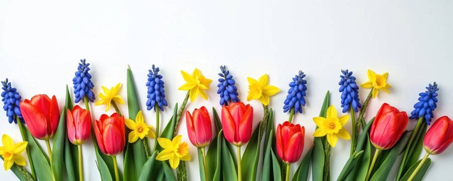 Red tulips yellow daffodils and blue grape hyacinths arranged on white background. Fresh spring flowers border with copy space for holiday greetings or design. - Powered by Adobe