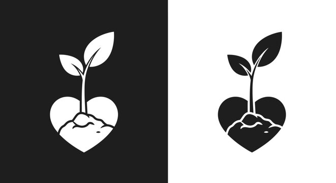 Minimalist Vector Logo of a Plant Sprout Growing from a Heart Symbol in Black and White - Powered by Adobe