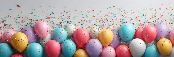 Cover with colored balloons, garlands and confetti on the white. celebration background template