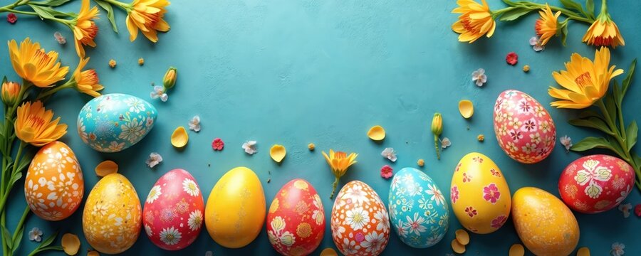 Colorful painted eggs and yellow flowers arranged on bright blue background top view. Festive spring holiday scene, happy easter celebration concept for families and kids.