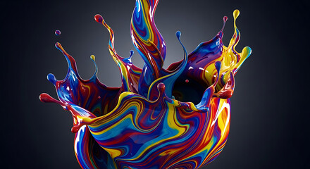 A vibrant and dynamic splash of mixed rainbow-colored paint, creating an abstract liquid sculpture with swirling patterns and energetic motion
